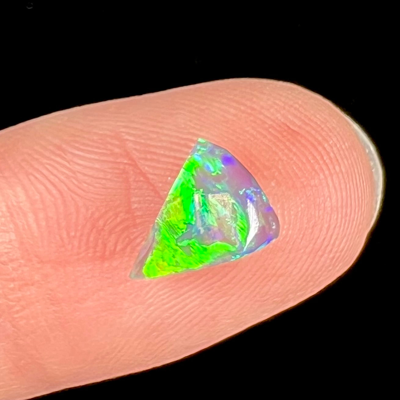 A pizza shaped bright green opal stone from Lightning Ridge, Australia.