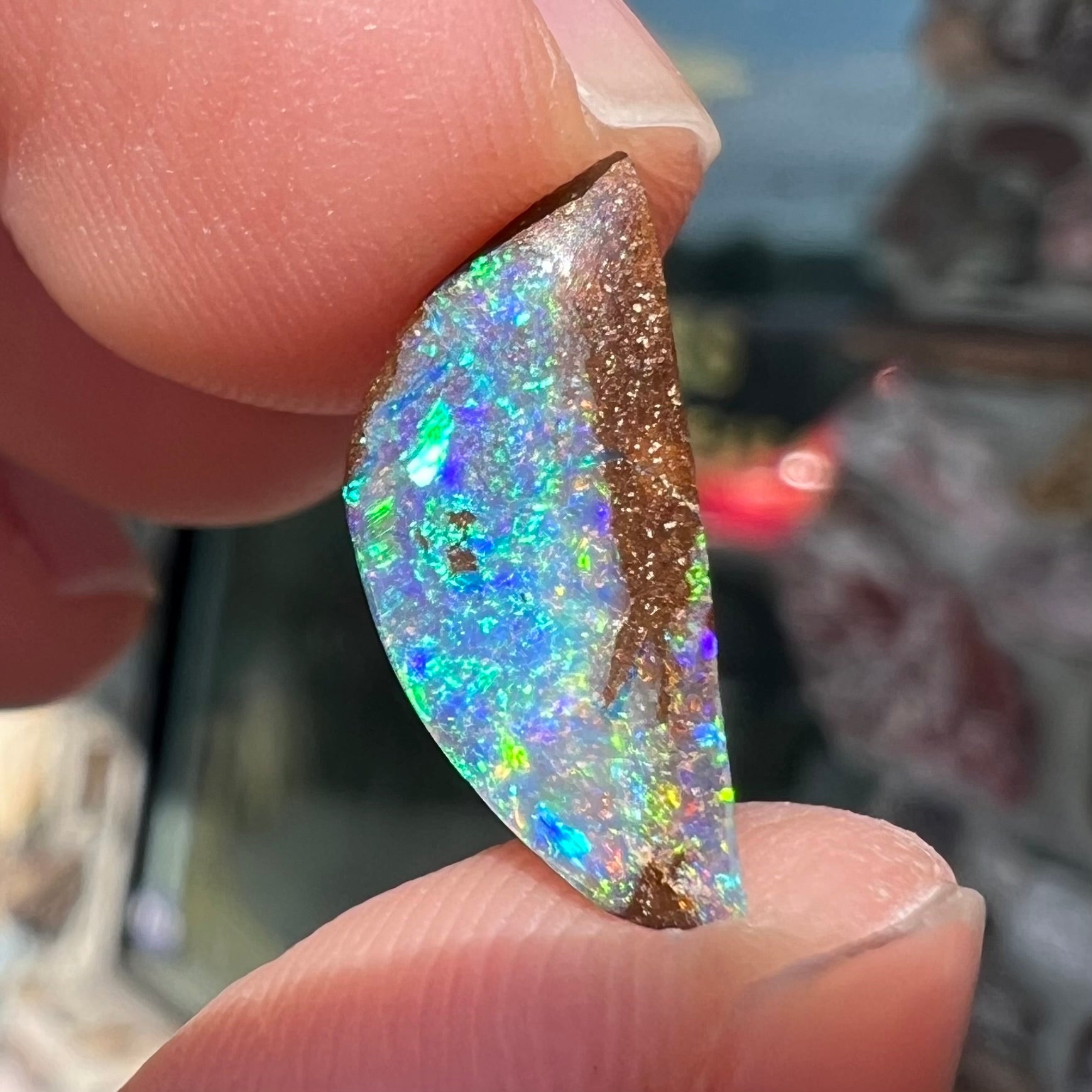 A freeform shaped boulder opal stone from Quilpie, Australia.  The opal has bright blue and green play of color.