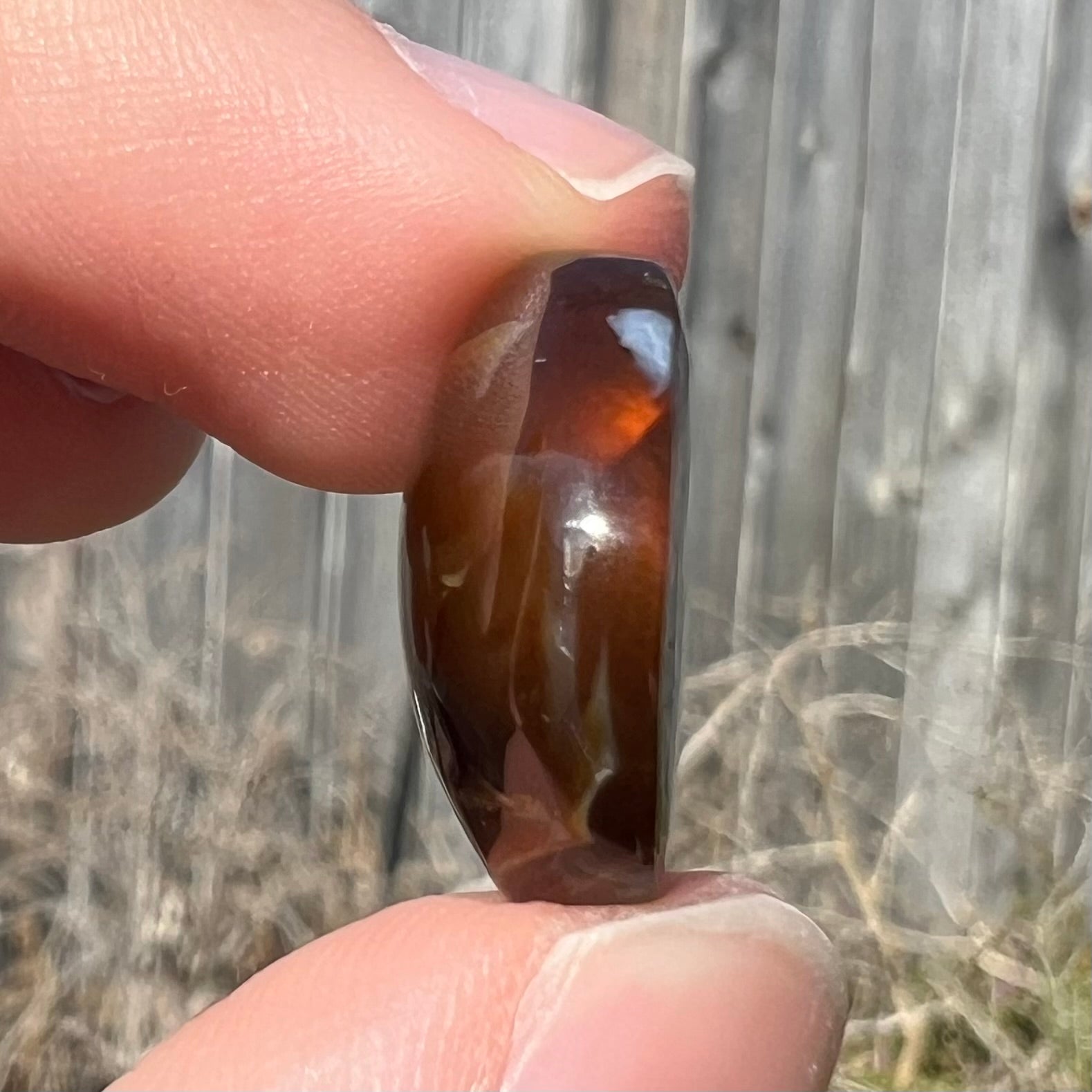 A large, round freeform shaped Mexican fire agate stone.  The stone has green, orange, purple, and blue iridescence.