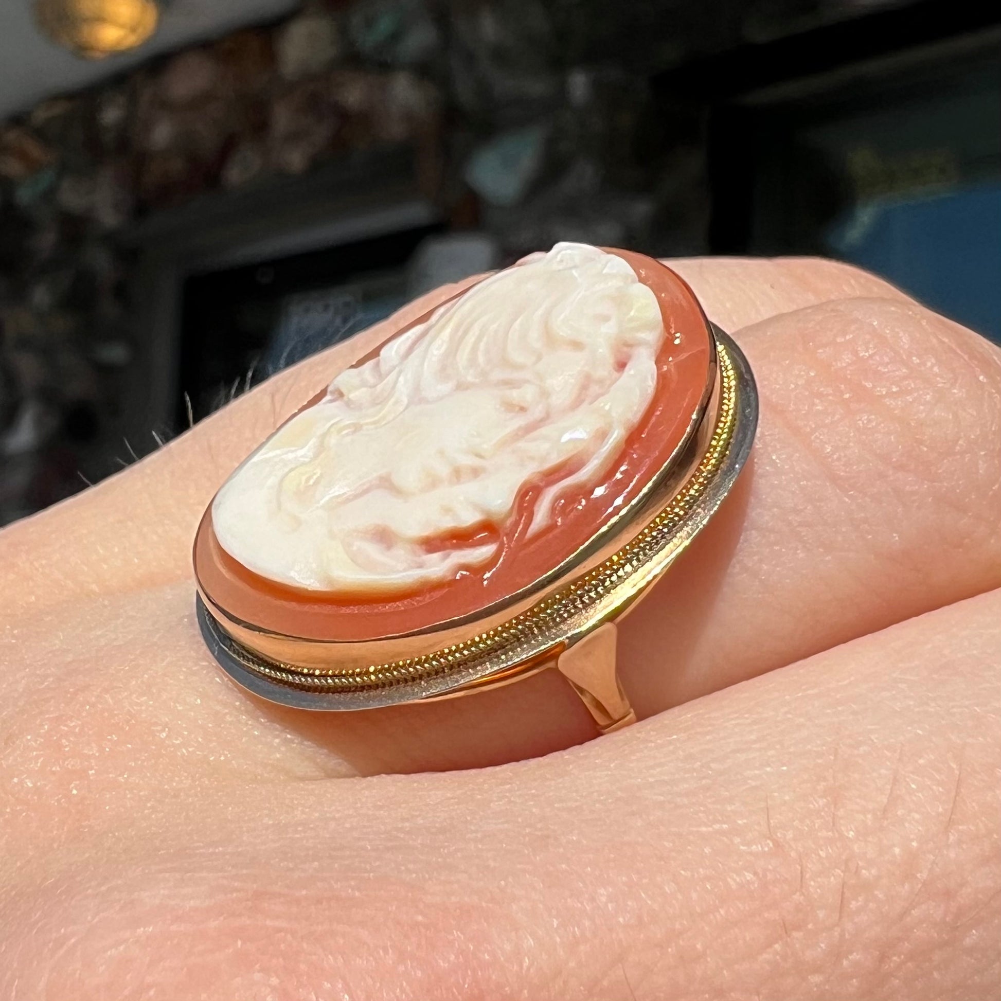 A ladies' vintage cameo solitaire ring in yellow gold.  The cameo is carved from shell and depicts the side profile of two womens' faces.