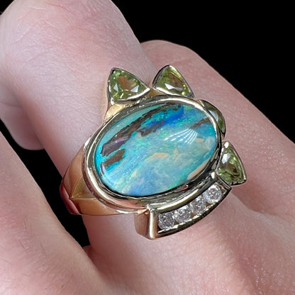 Dina | Custom Opalized Wood & Peridot Ring in 14kt Gold