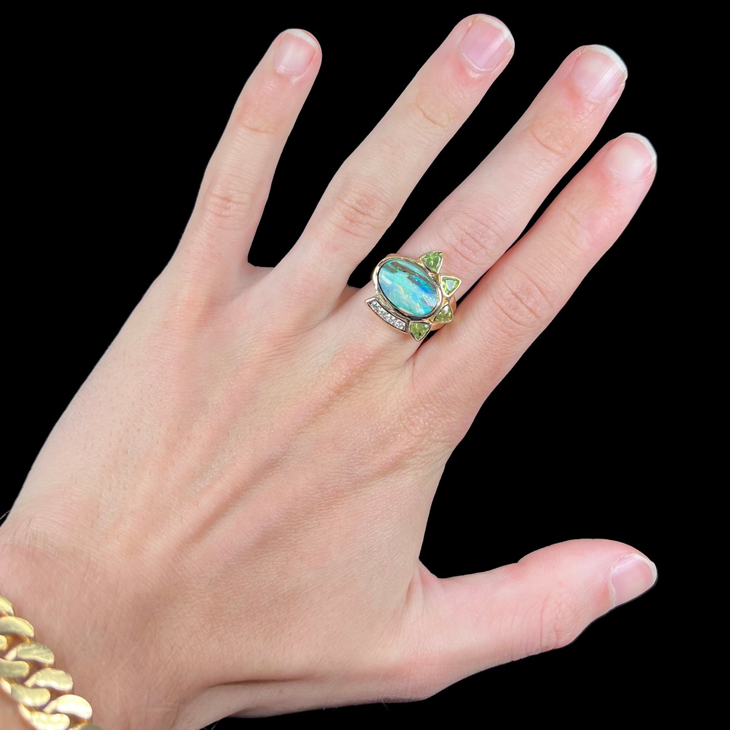 Dina | Custom Opalized Wood & Peridot Ring in 14kt Gold