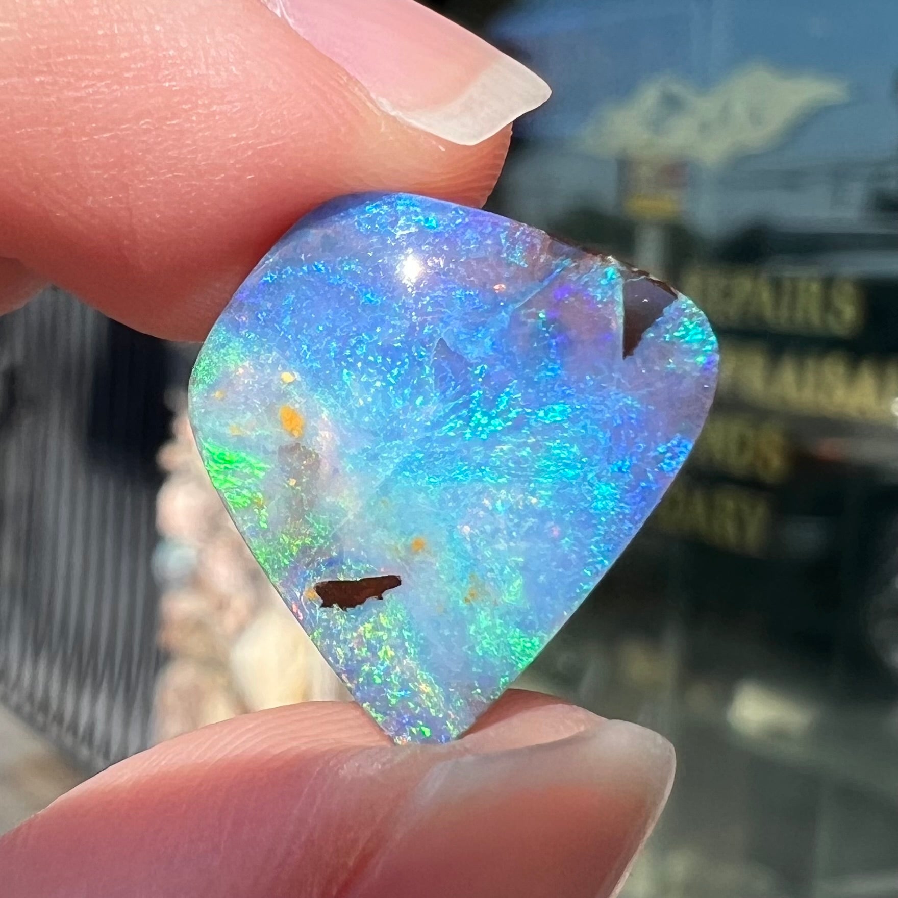 A loose, freeform shaped double-sided boulder opal stone from Quilpie, Australia.  One side is blue, the other is white.