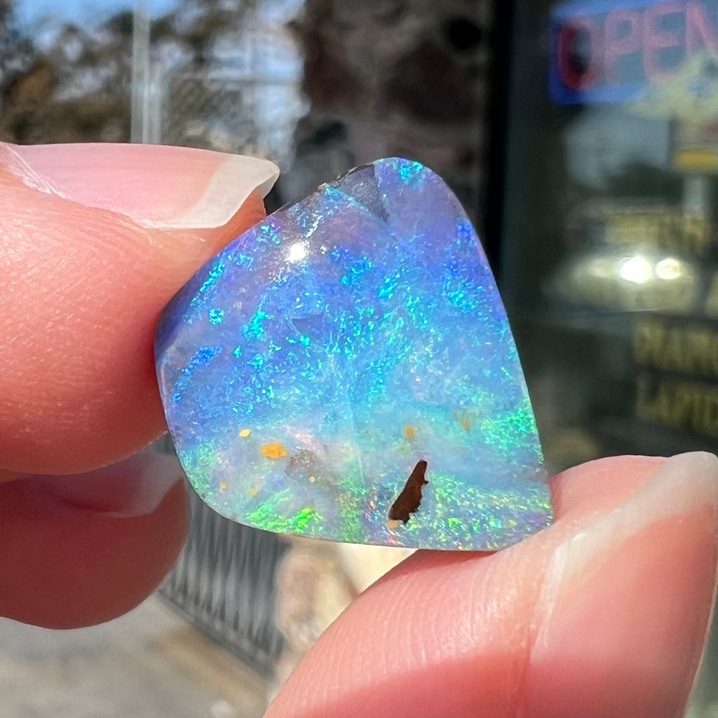 A loose, freeform shaped double-sided boulder opal stone from Quilpie, Australia.  One side is blue, the other is white.