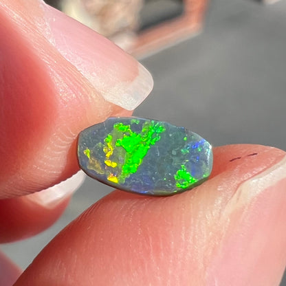 A loose, barrel shaped black opal stone from Lightning Ridge, Australia.