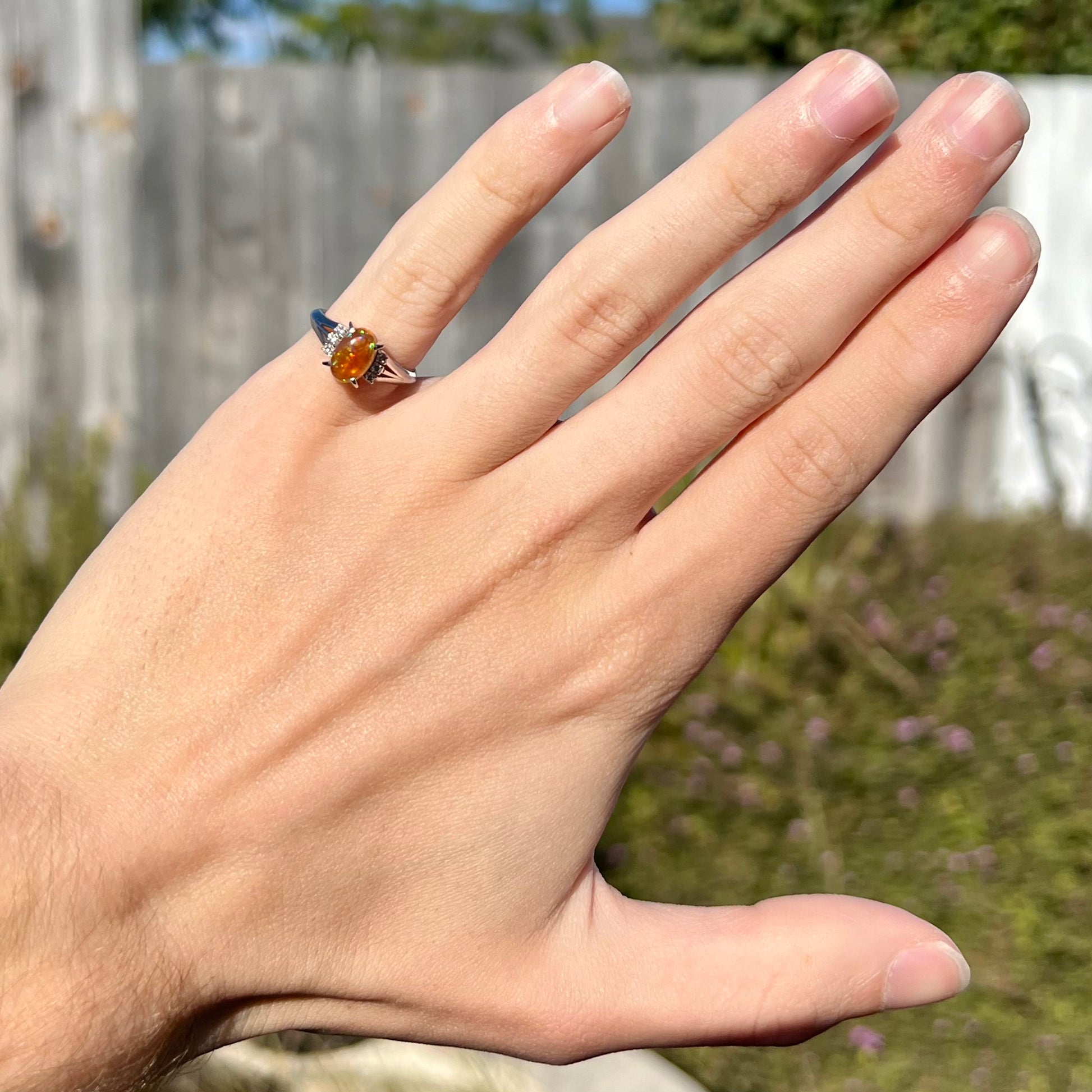 A platinum filigree and diamond-accented Mexican fire opal ring.  The opal is orange with green fire.