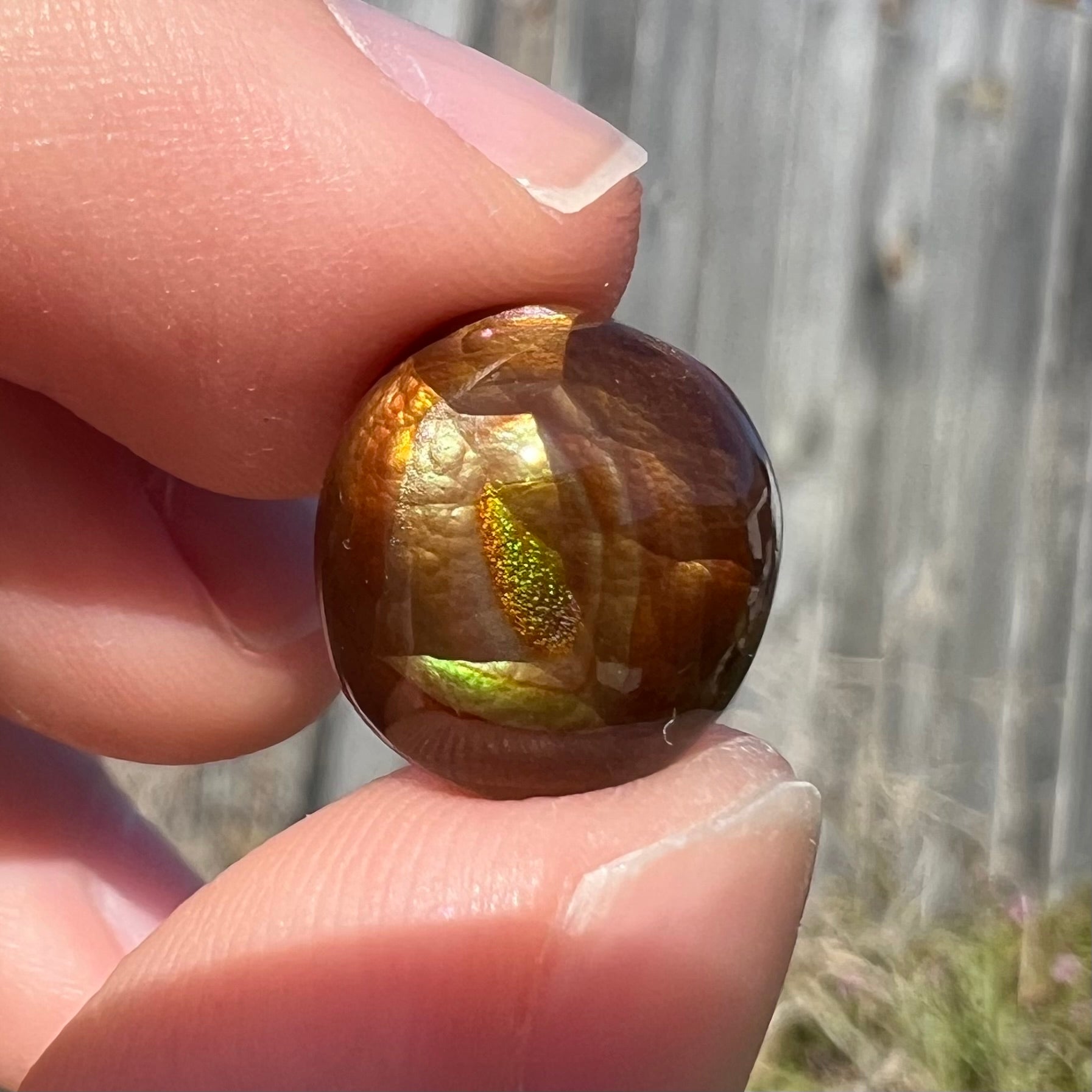 A loose, green, blue, and orange banded fire agate cabochon.