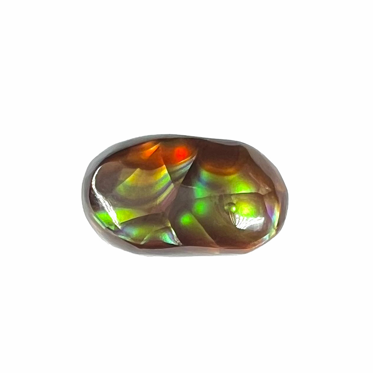 A loose, oval cabochon cut Mexican fire agate stone.  The stone has multi-colored banding with blue overtones.