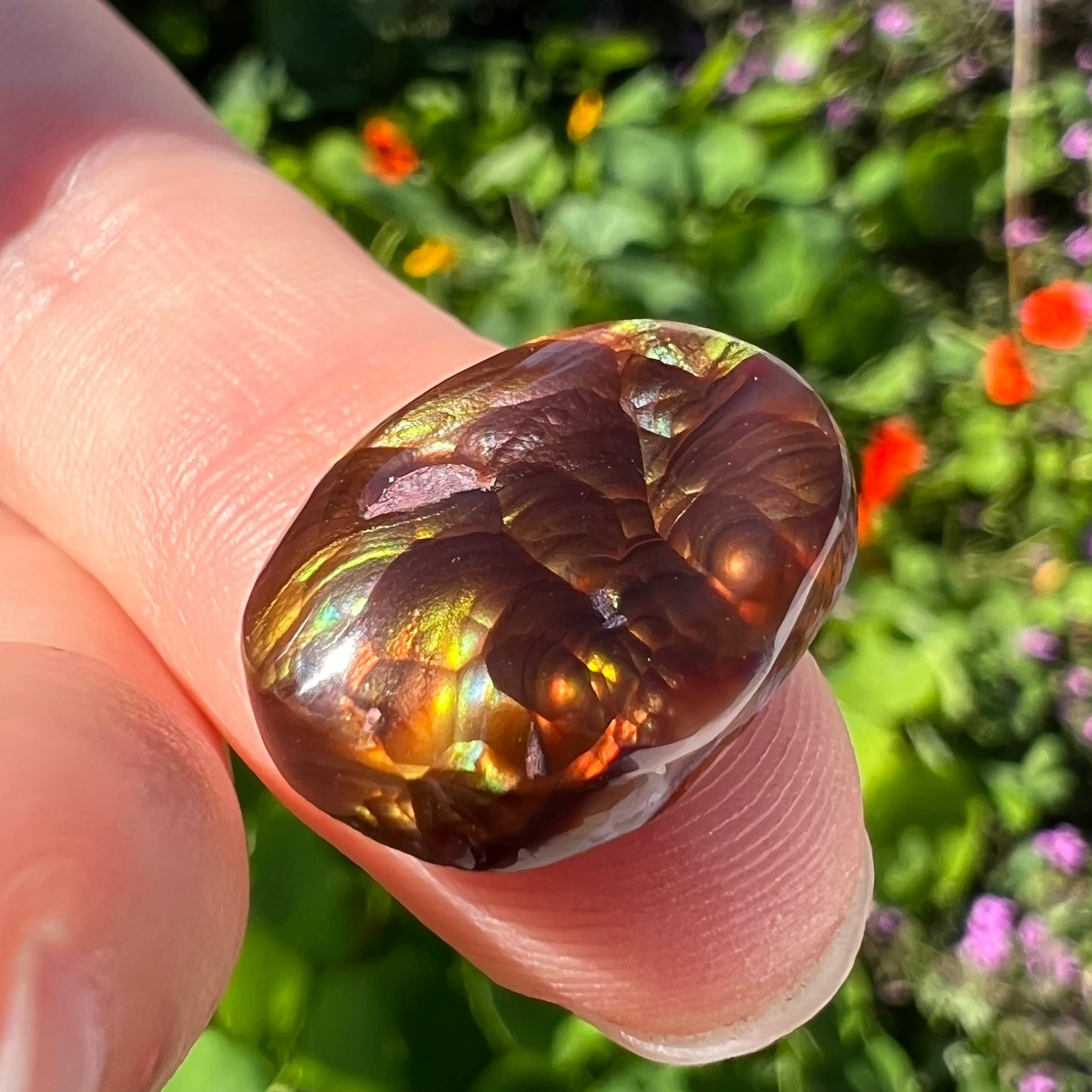 An oval cabochon cut Mexican fire agate stone.  The stone's predominant colors are green, yellow, orange, and blue.