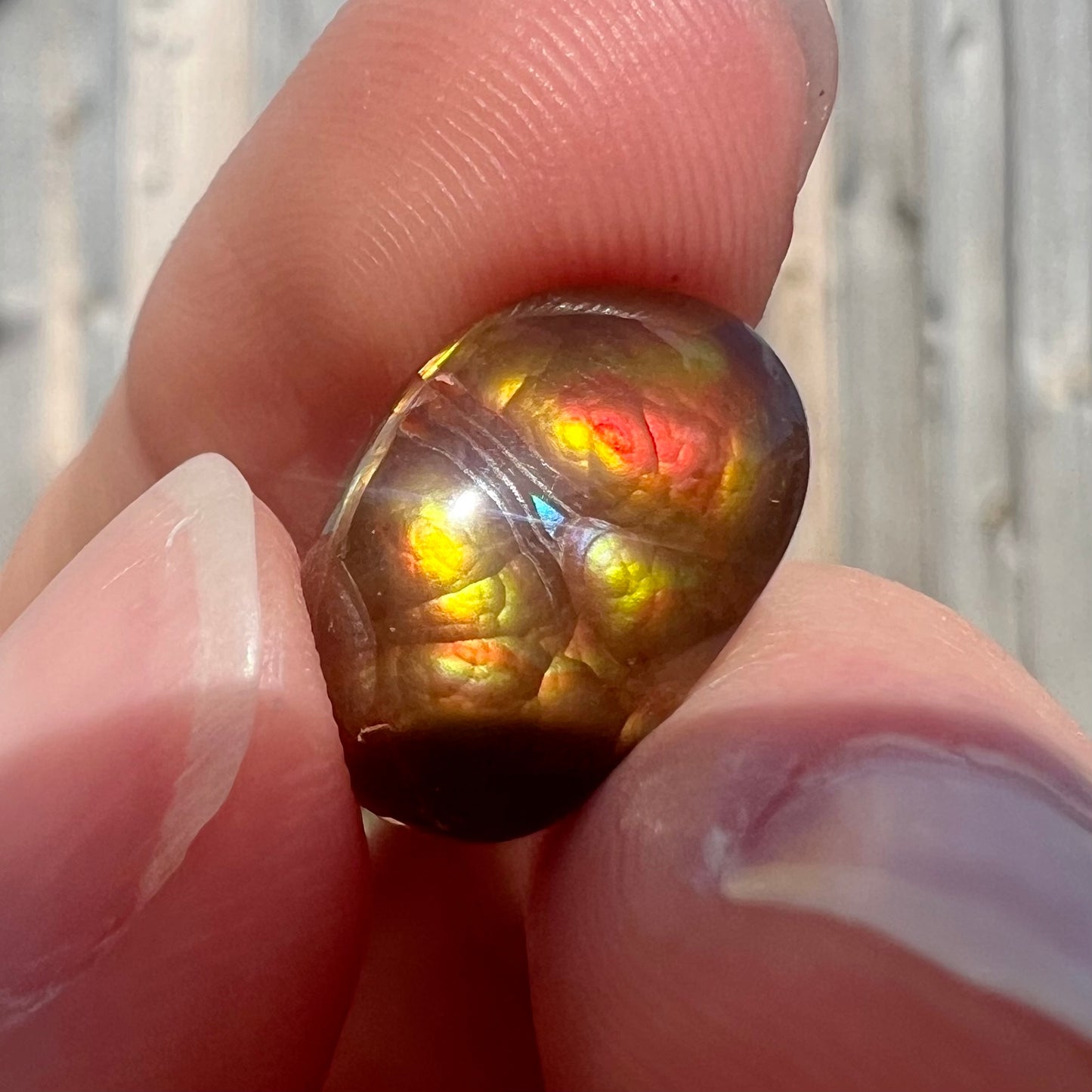 A loose Mexican fire agate cabochon.  The stone has a bright purple and blue iris pattern.