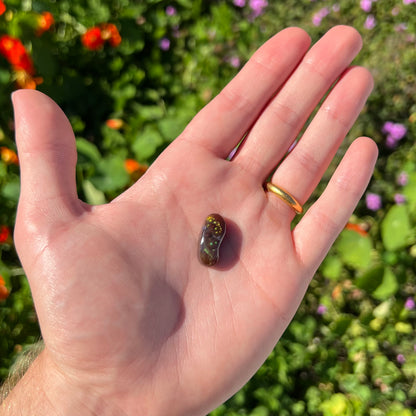 A loose, cabochon cut fire agate gemstone.  The stone resembles a foot with a green heel and yellow toes.