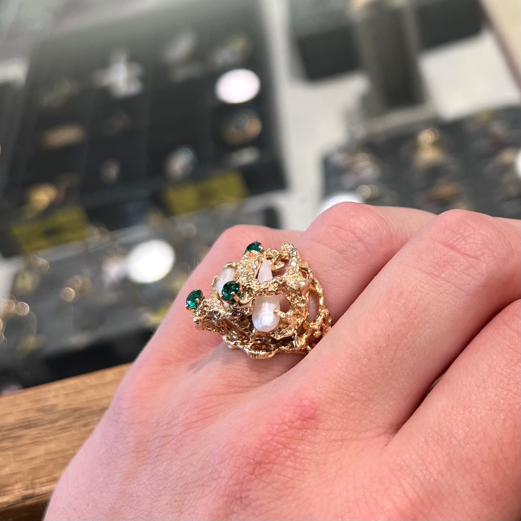 Vintage 1950's Pearl & Imitation Emerald Ring in 14kt Gold