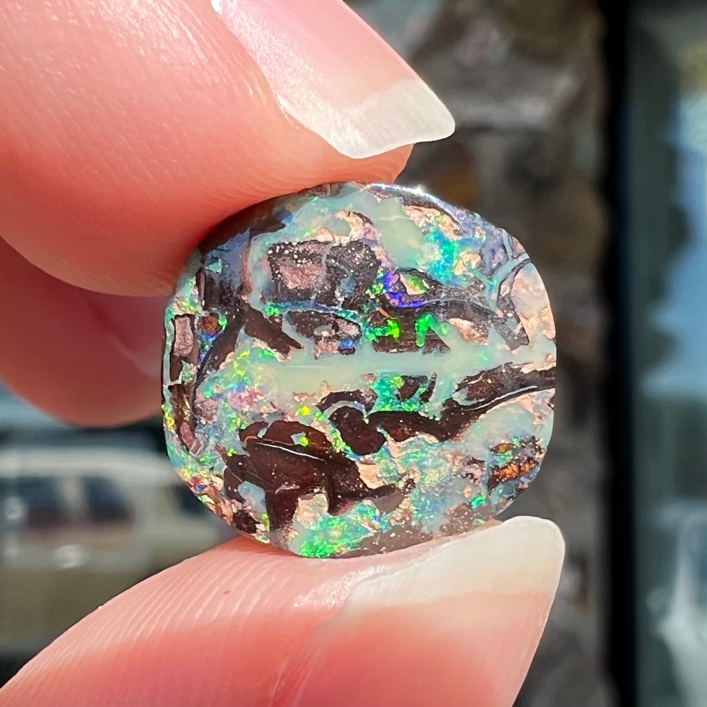 An off-round cabochon cut boulder opal stone from Koroit, Australia.  The opal has green, blue, and red colors.