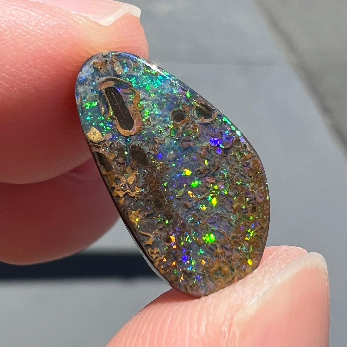 A loose boulder opal stone from Quilpie, Australia.  The opal shines colors of green and orange.