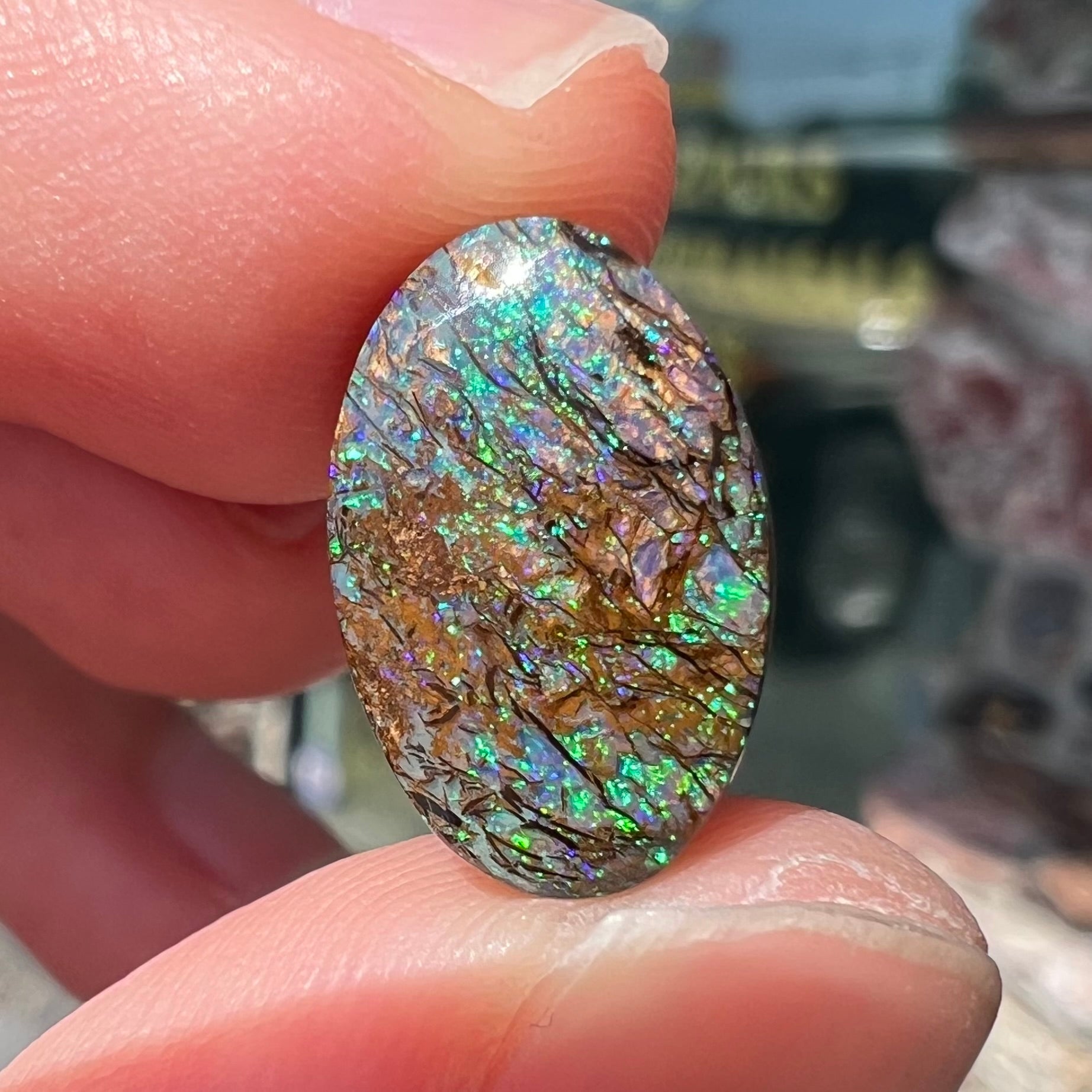 A loose, oval cabochon cut matrix boulder opal stone from Koroit, Australia.  The opal shines with green and blue colors.