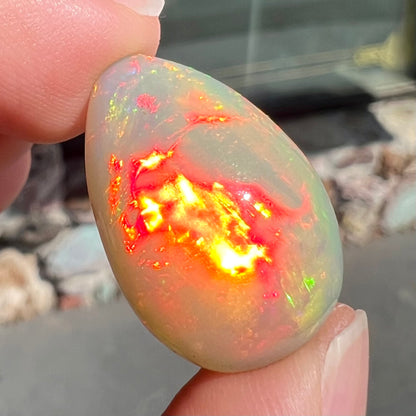 A pear shaped Ethiopian fire opal with vivid red and green play of color.