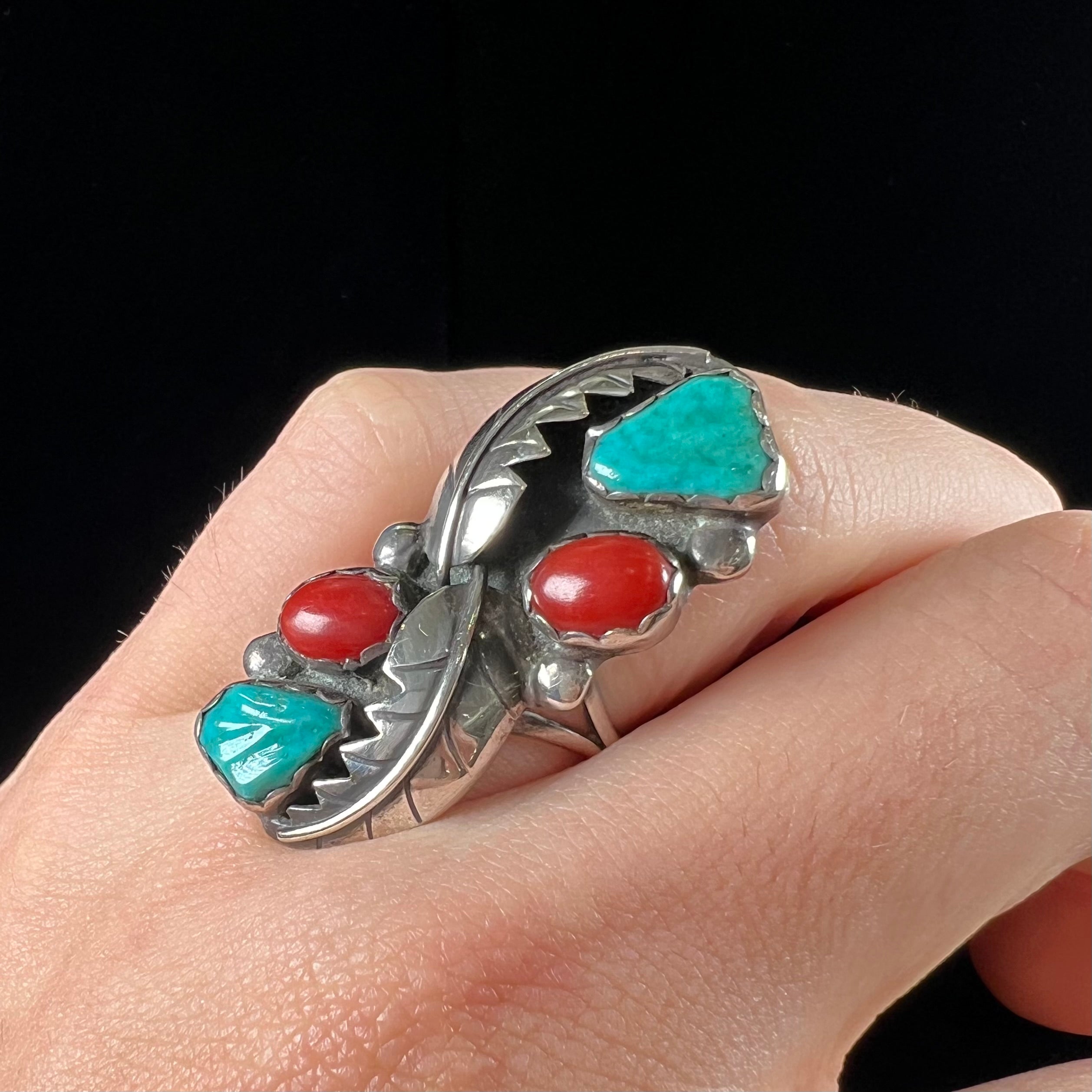 Native American Signet Mosaic purchases Ring Red Coral & Green Turquoise Size 10