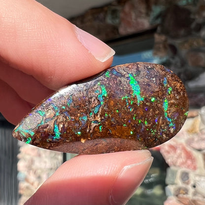 A pear shaped boulder opal stone from Koroit, Australia.  The opal has blue and green flashes.