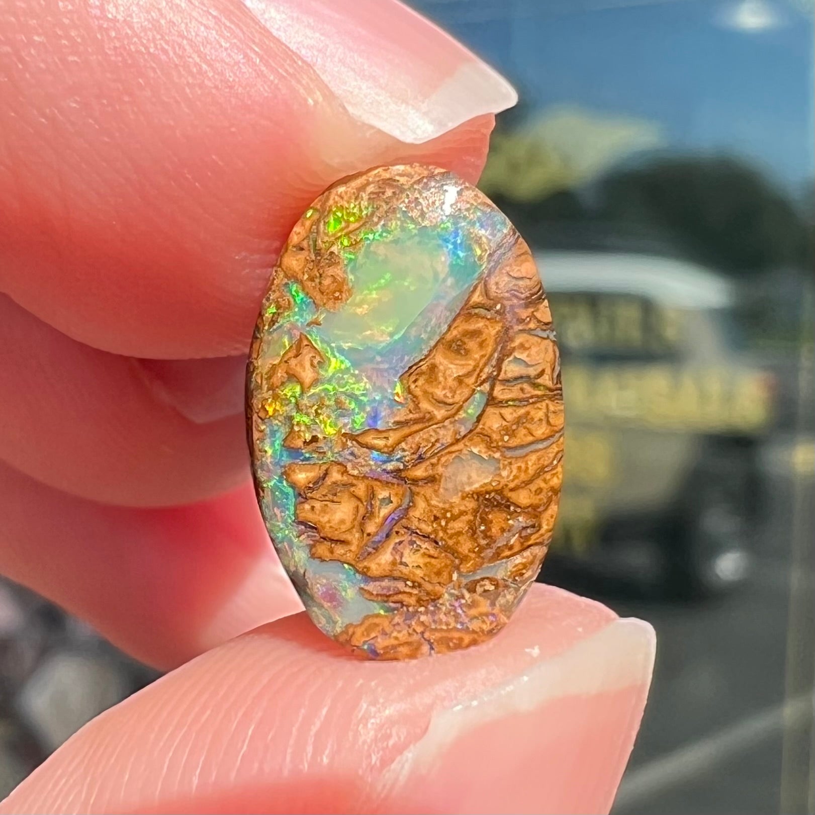 A loose, oval cabochon cut Koroit boulder opal with green fire.