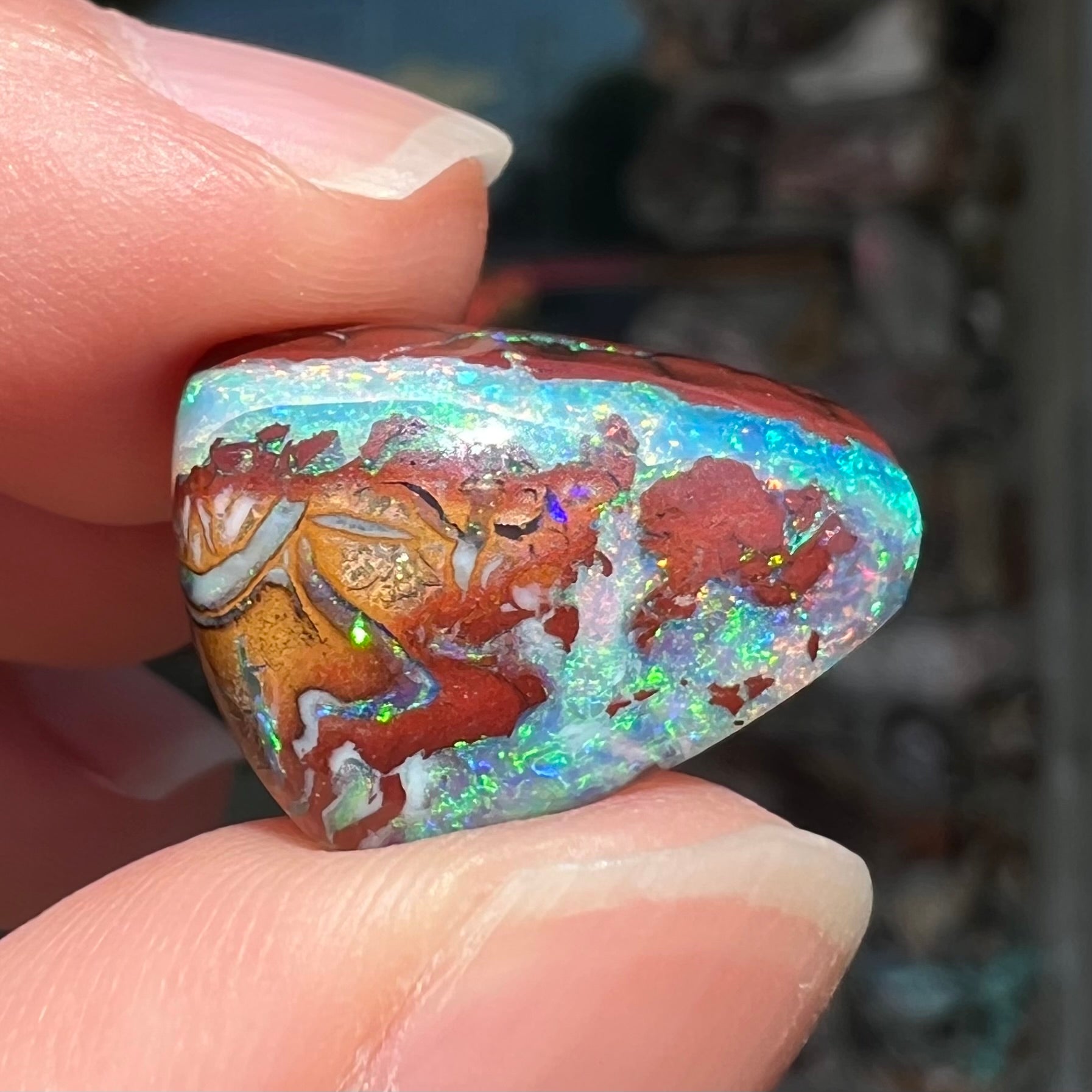 A polished matrix opal stone from Koroit, Australia.  The opal has a blue color.