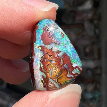 A polished matrix opal stone from Koroit, Australia.  The opal has a blue color.