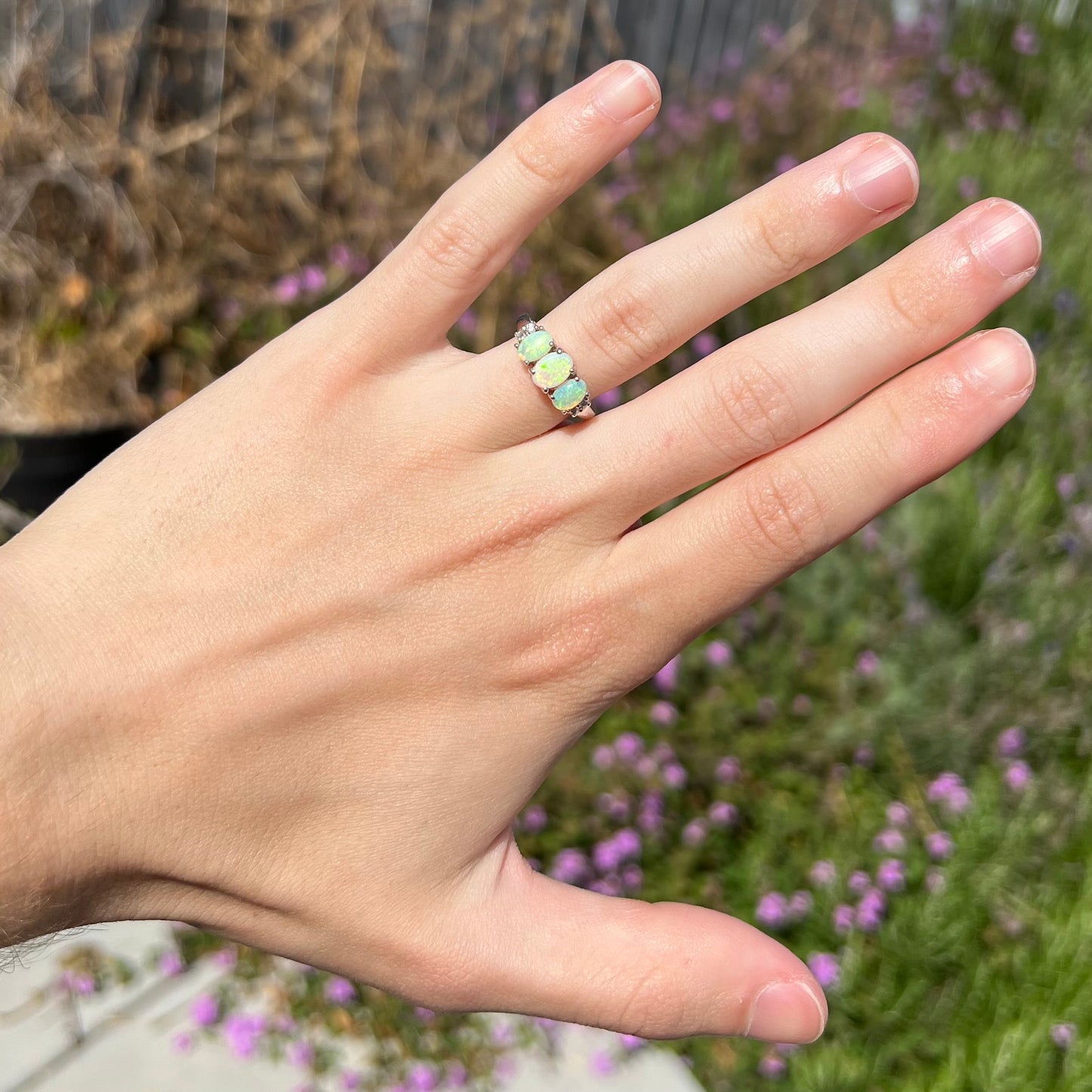 A ladies' white gold ring prong-set with three natural white opals and diamond accents.  The opals play a green color.