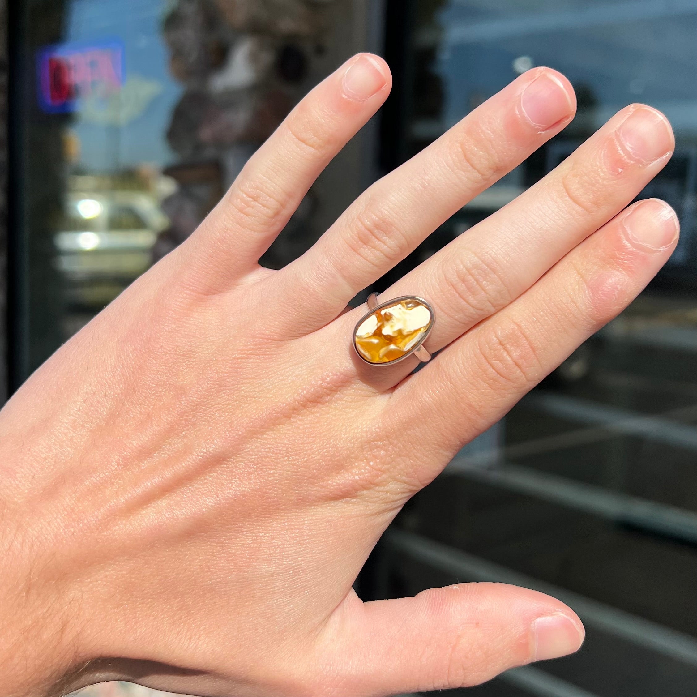 Silver Ring with Amber Stone with Turkish Flag Motif - Vav Silver