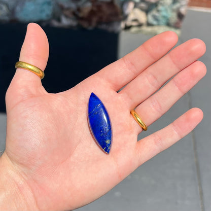 A loose, marquise cabochon cut lapis lazuli stone.  The stone has pyrite inclusions.