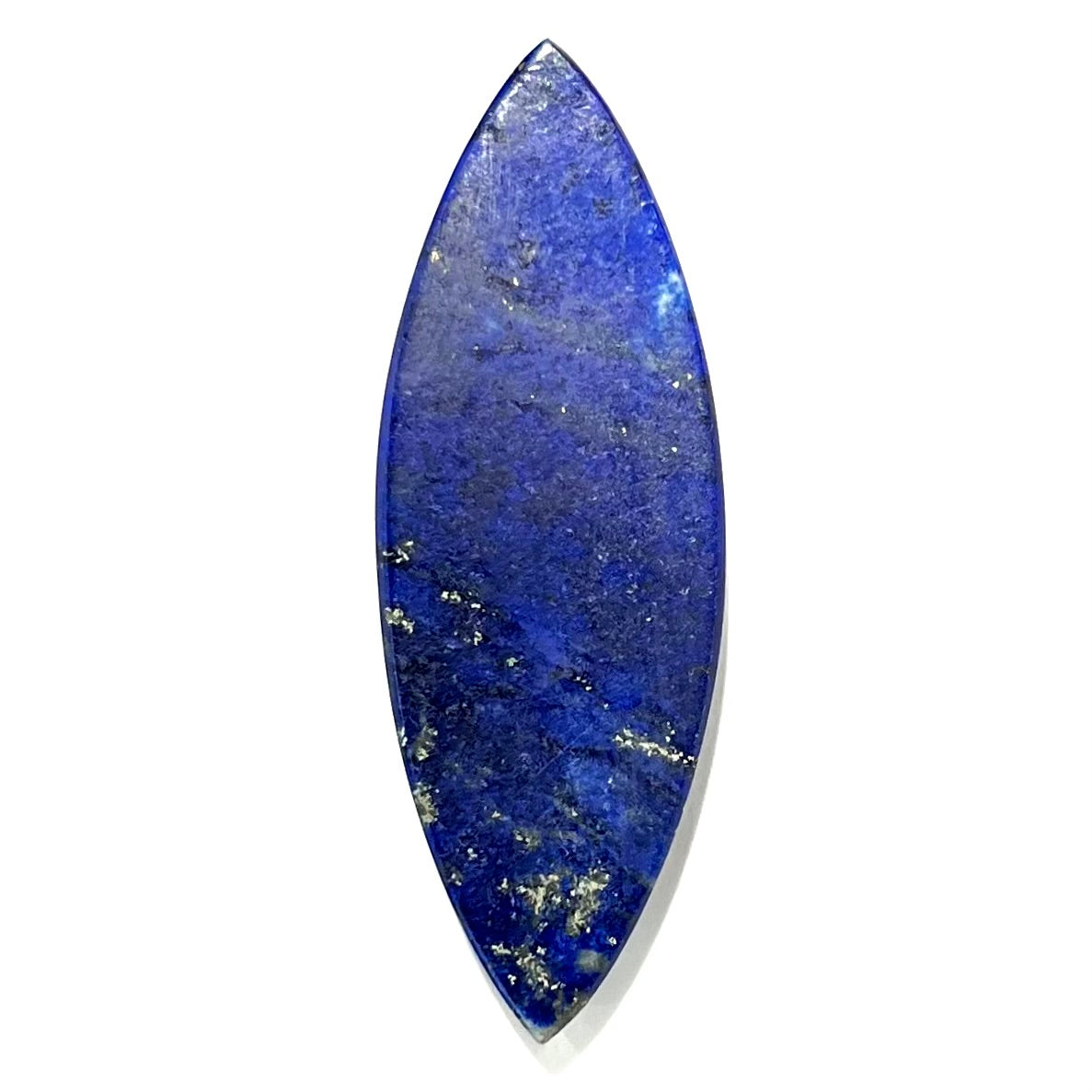 A loose, marquise cabochon cut lapis lazuli stone.  The stone has pyrite inclusions.