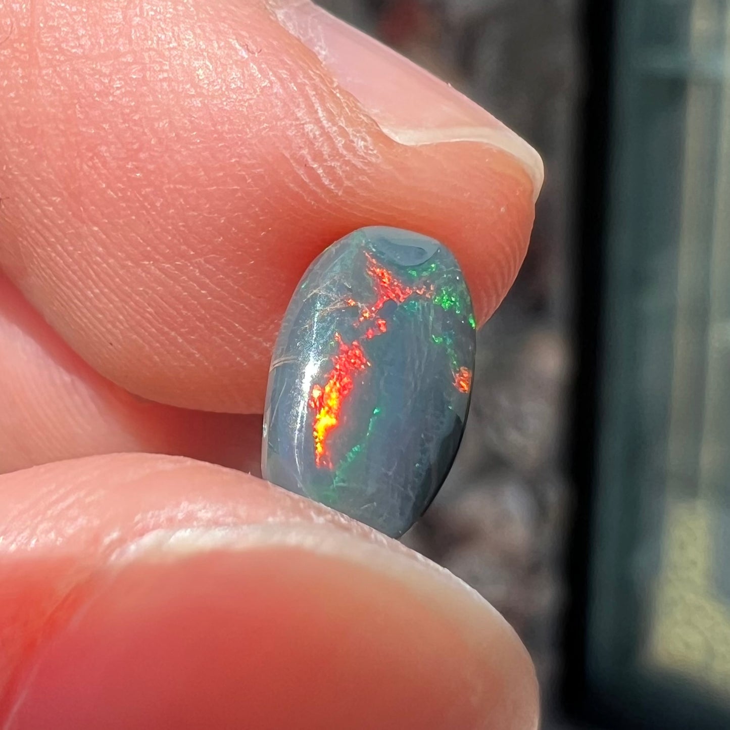 A natural, oval cut black opal stone that shows fire of red, green, and blue.