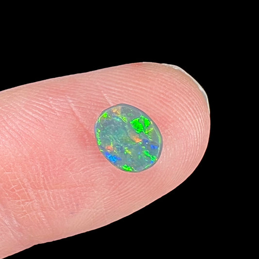 A loose oval cabochon cut black opal from Lightning Ridge, Australia.  The opal shows green and red colors.