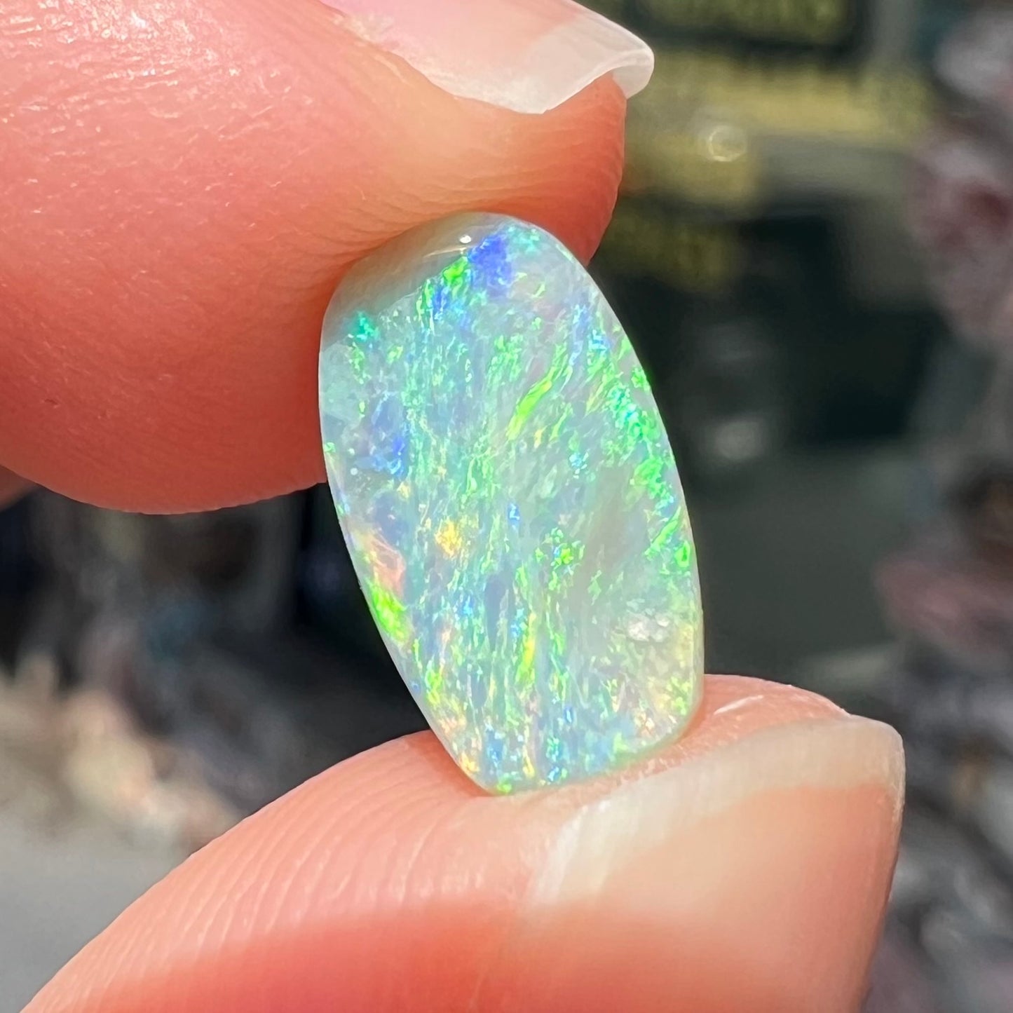 A loose, barrel shaped semi-black opal stone from Lightning Ridge, Australia.  The stone plays green colors.