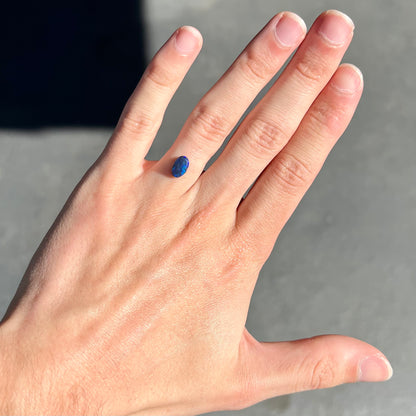 A loose, oval cabochon cut black opal stone from Lightning Ridge, Australia.  The opal has blue color play.