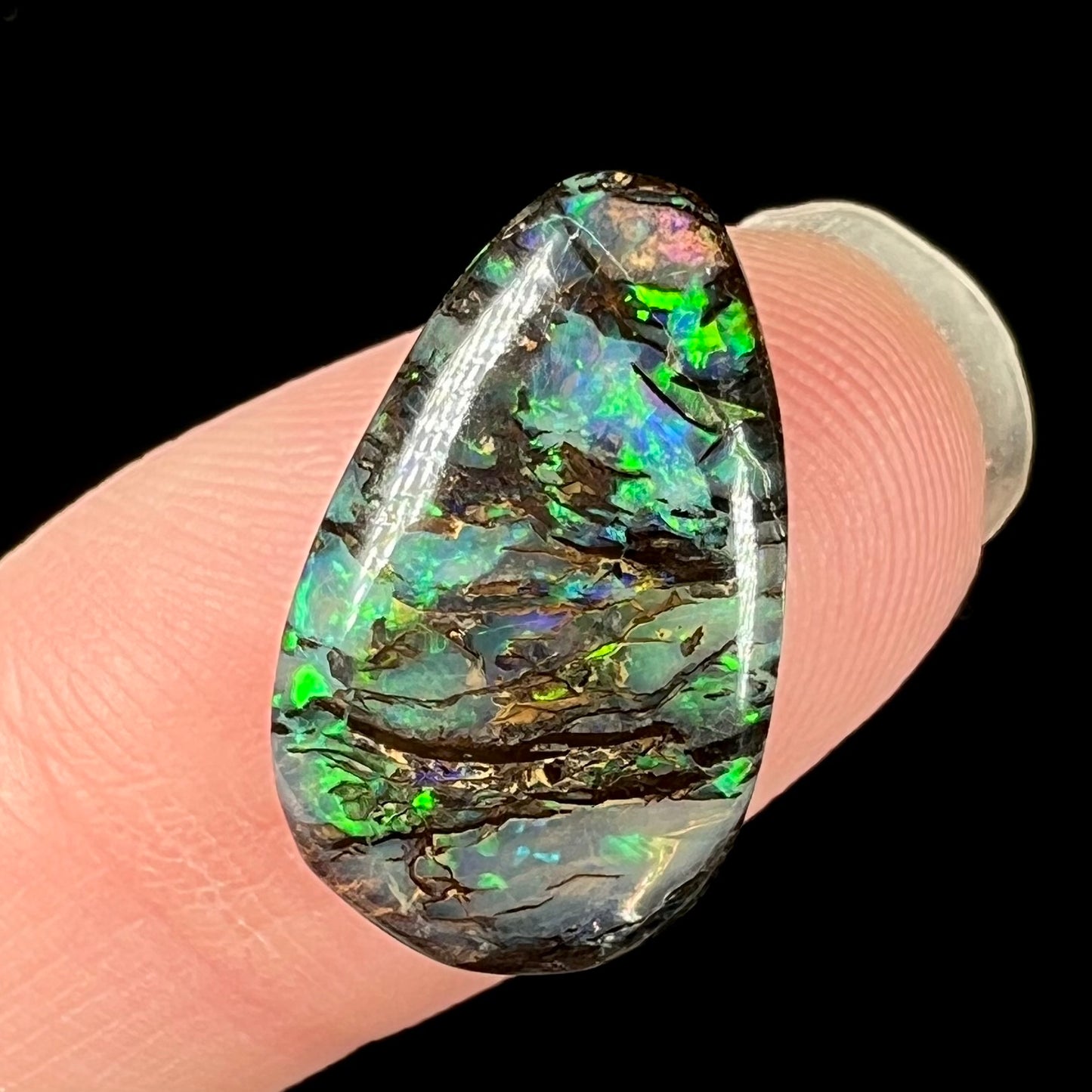 A green Koroit boulder opal stone with black ironstone stripes.