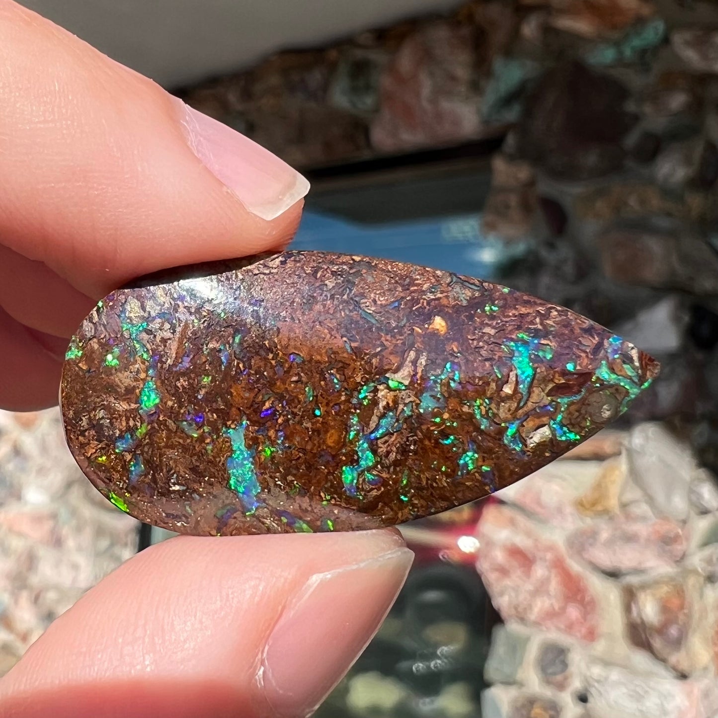 A pear shaped boulder opal stone from Koroit, Australia.  The opal has blue and green flashes.