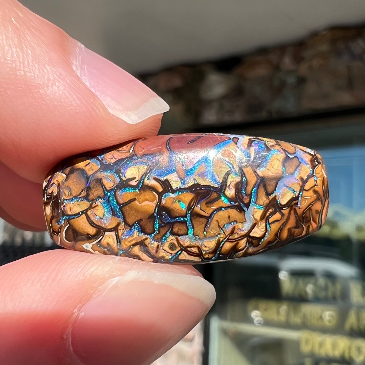 A loose, barrel shaped Koroit boulder opal stone with blue veins.