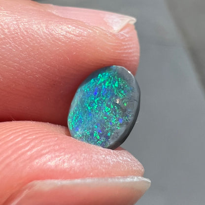 An oval cabochon cut loose Black opal stone from Lightning Ridge, Australia.