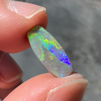 A loose, barrel shaped opal stone from Lightning Ridge, Australia.