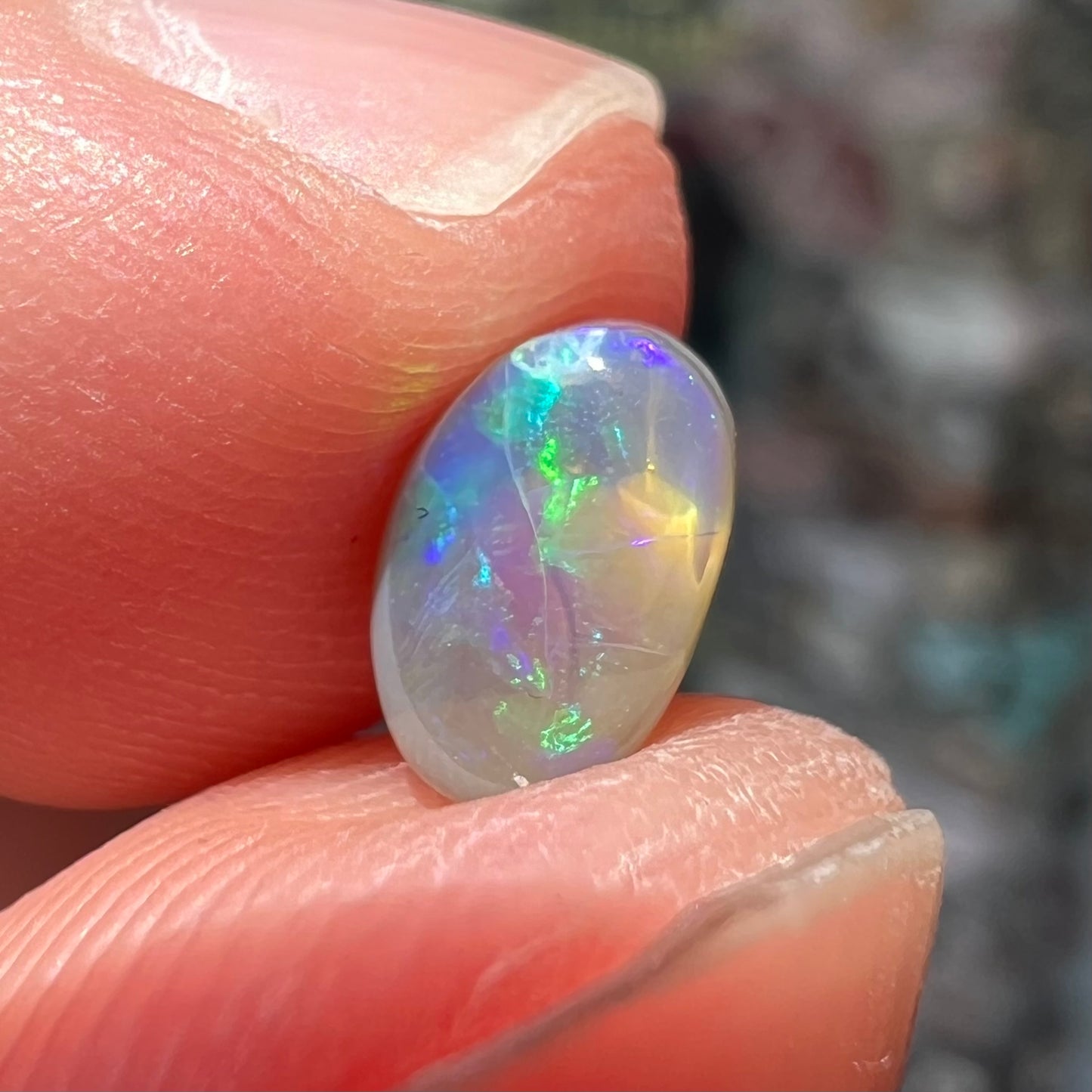 A loose, oval cabochon cut semi-black crystal opal from Lightning Ridge, Australia.