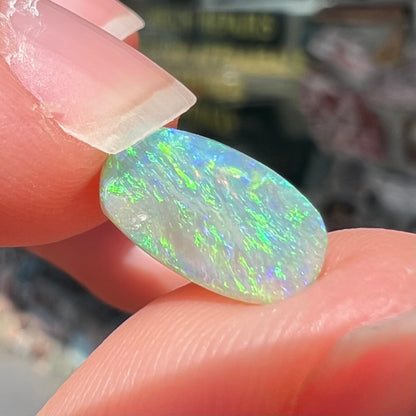 A loose, barrel shaped semi-black opal stone from Lightning Ridge, Australia.  The stone plays green colors.