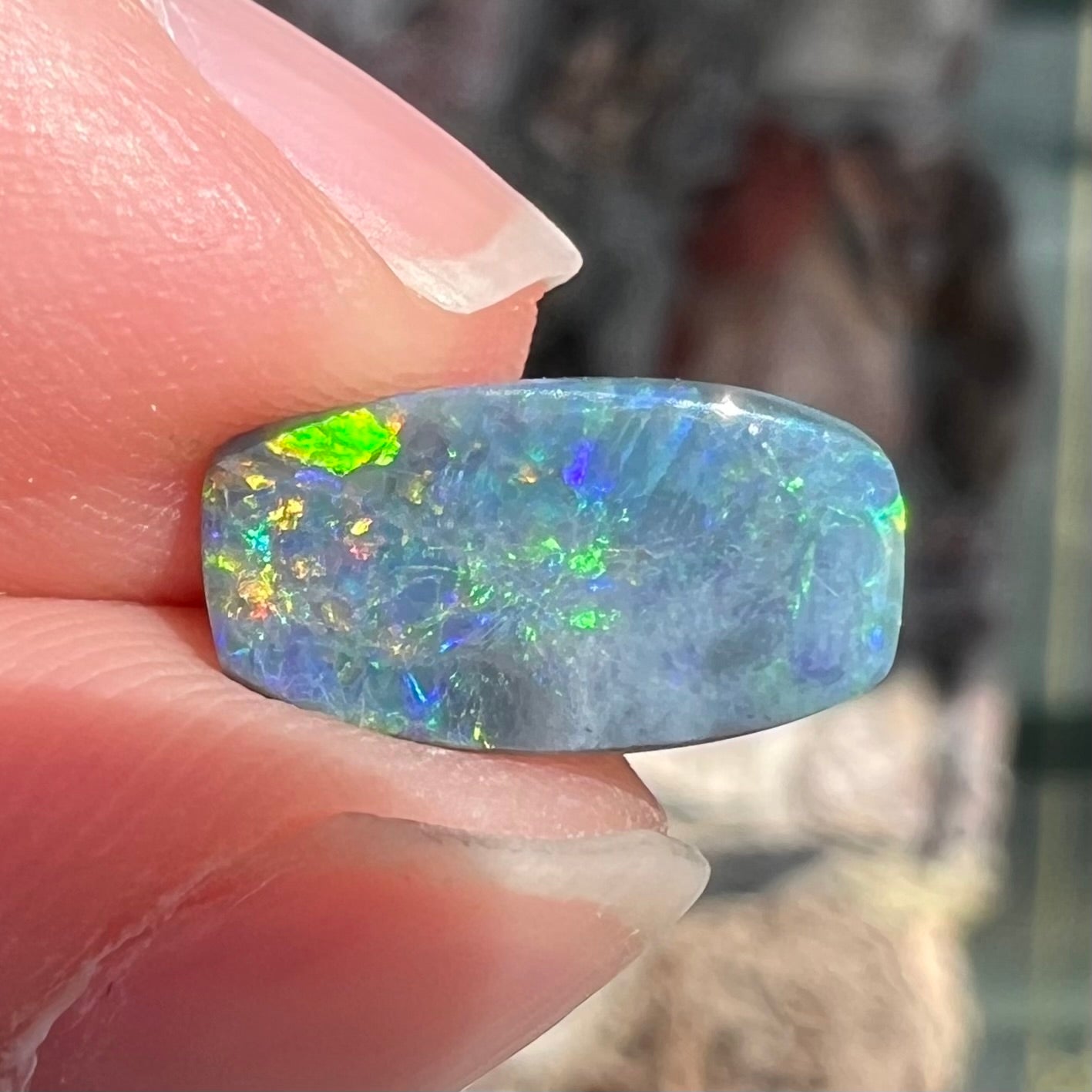 A loose 1.76ct barrel shaped black opal stone from Lightning Ridge, Australia.  The opal has a rainbow of colors.