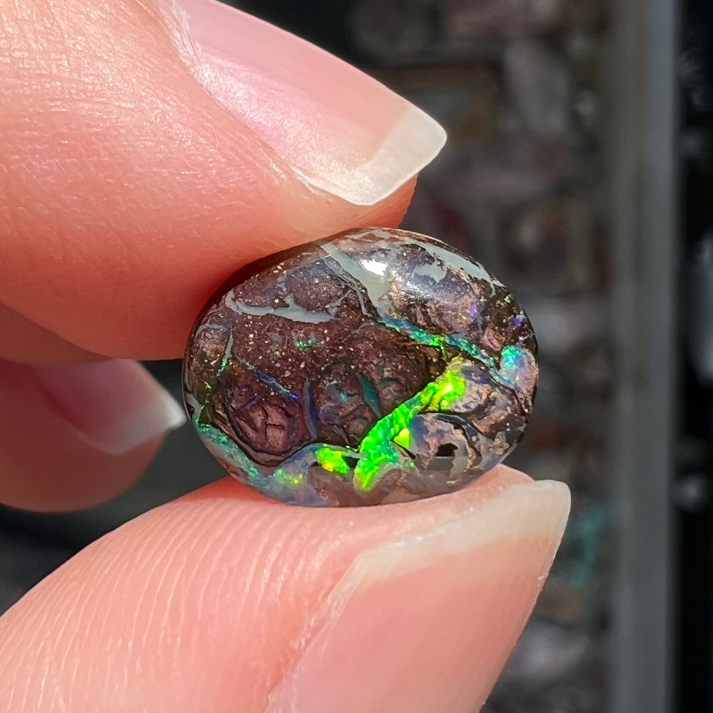 A loose, oval cabochon cut boulder opal stone from Koroit, Australia.  The opal has a bright green flash.