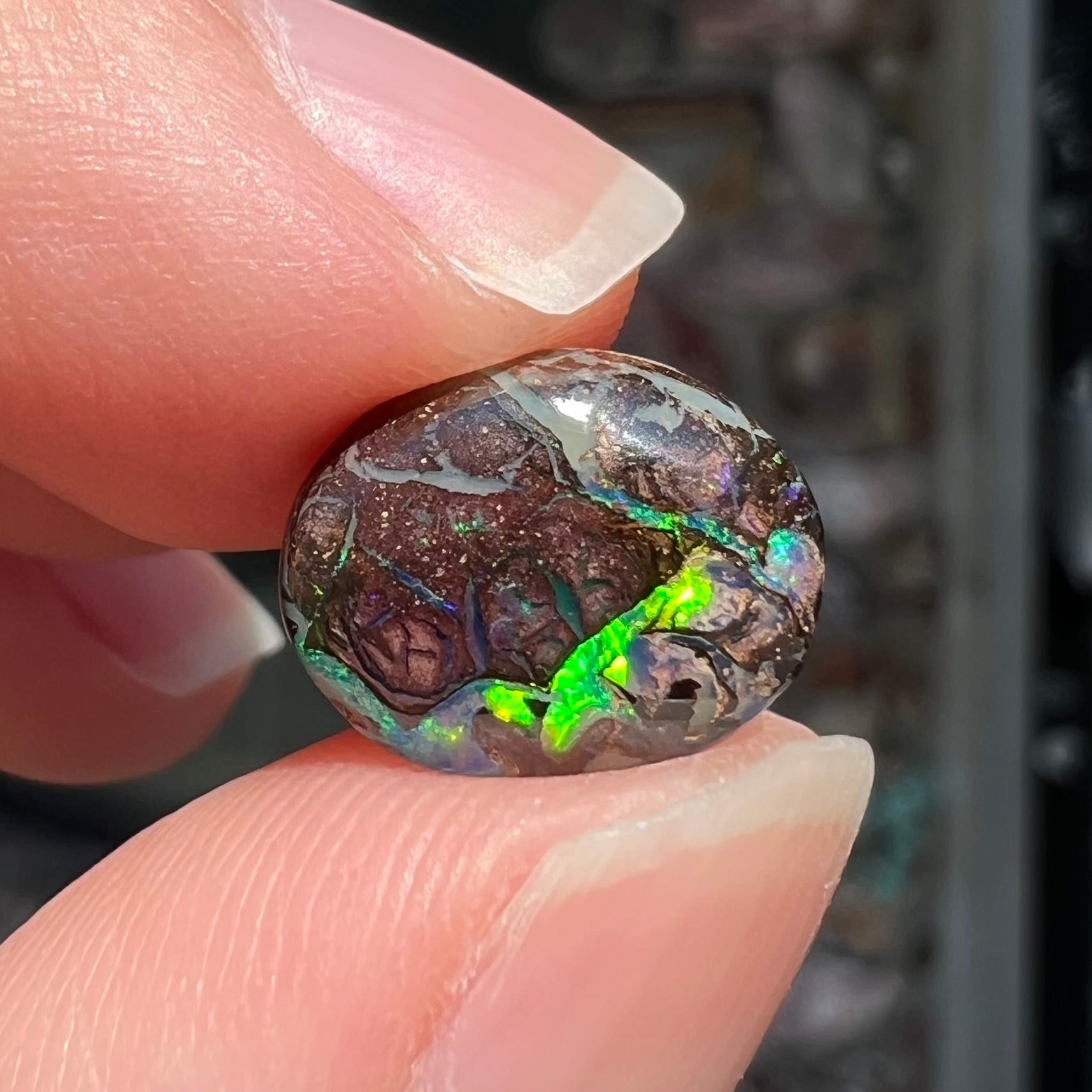 A loose, oval cabochon cut boulder opal stone from Koroit, Australia.  The opal has a bright green flash.