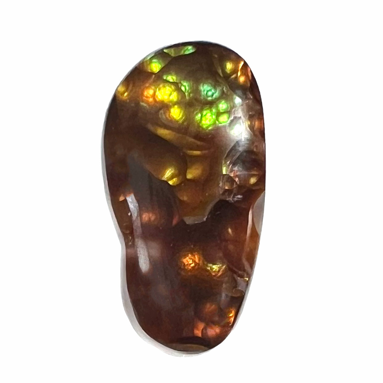 A loose fire agate cabochon.  The stone has iridescent green, yellow, and blue colors.