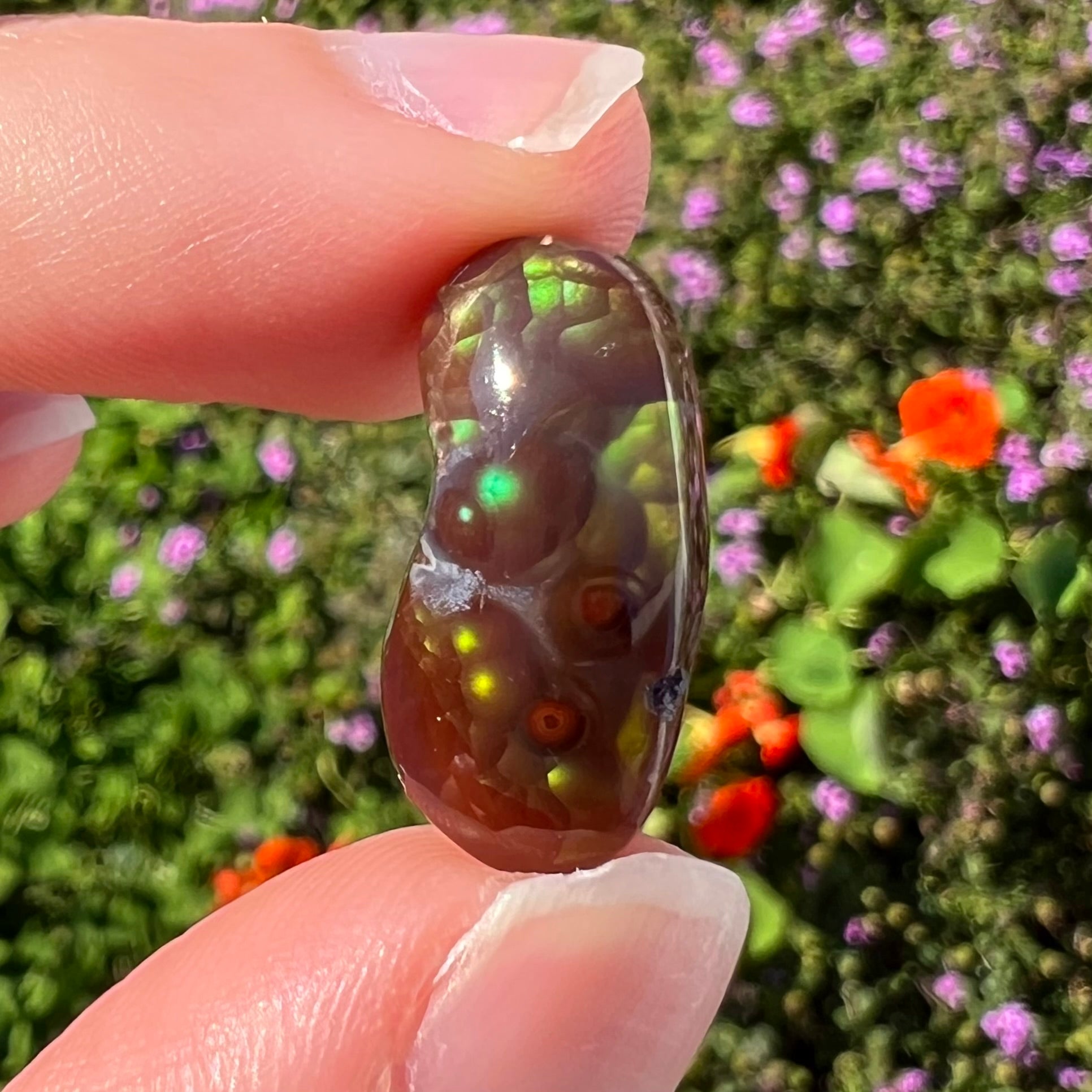 A loose, cabochon cut fire agate gemstone.  The stone resembles a foot with a green heel and yellow toes.