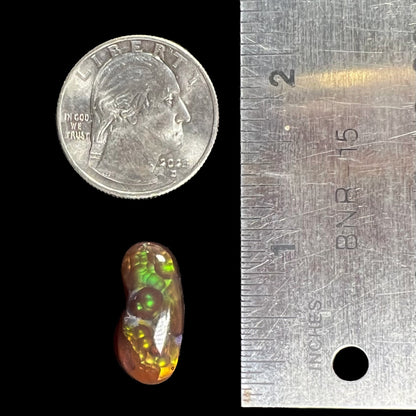 A loose, cabochon cut fire agate gemstone.  The stone resembles a foot with a green heel and yellow toes.