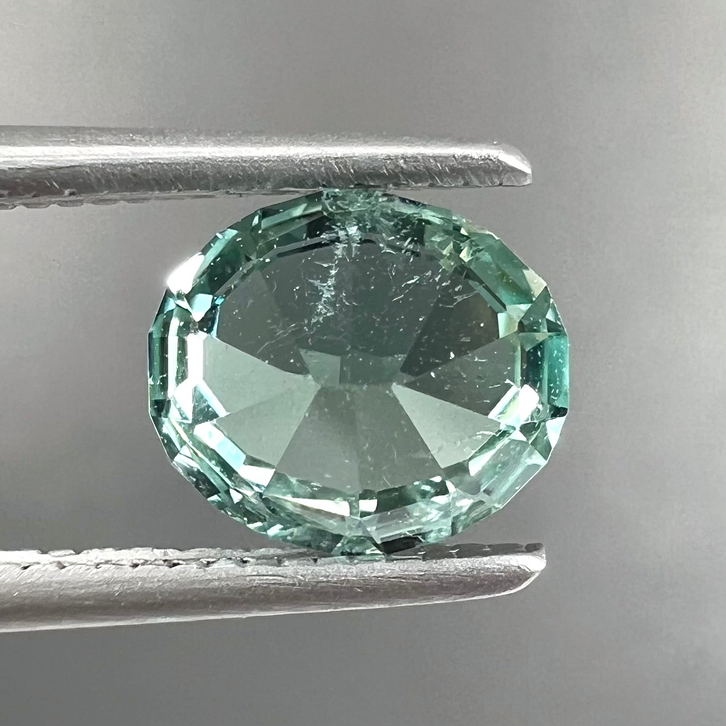 A loose, faceted modified oval cut mint green tourmaline gemstone.