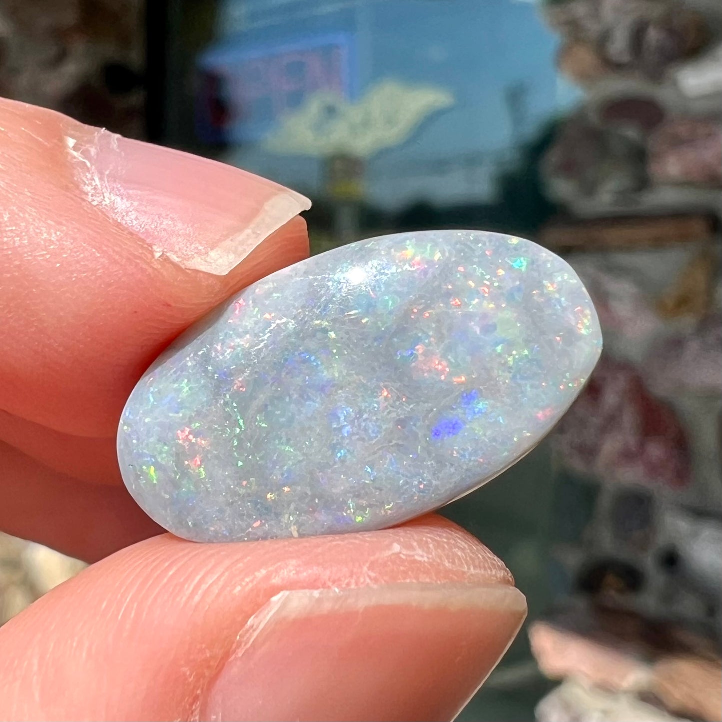 A loose, oval cut semi-black opal stone from Lightning Ridge, Australia.