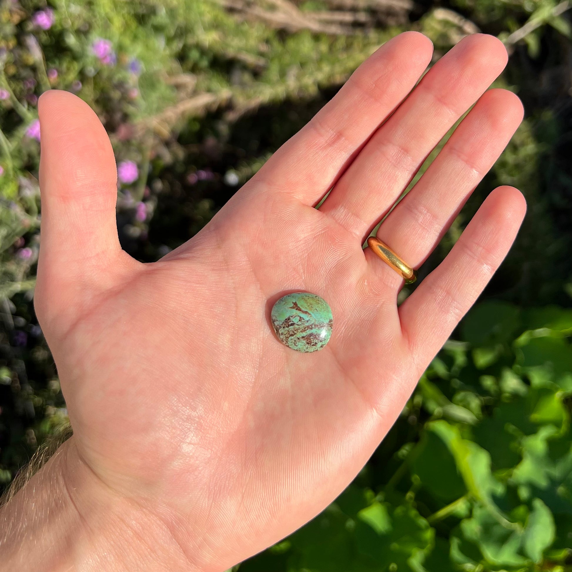 A loose, round cabochon cut, green turquoise stone with brown matrix.