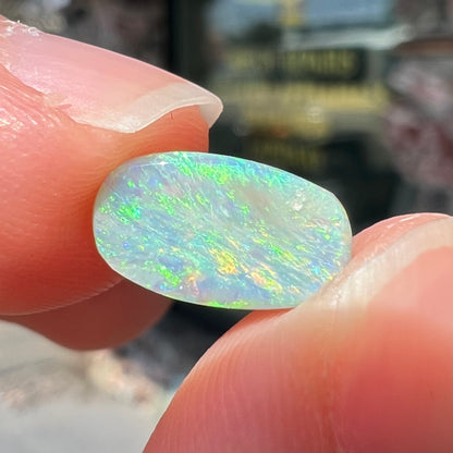 A loose, barrel shaped semi-black opal stone from Lightning Ridge, Australia.  The stone plays green colors.